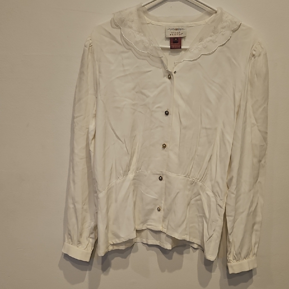 Susan Bristol Cream Button Down Shirt with Lace Collar